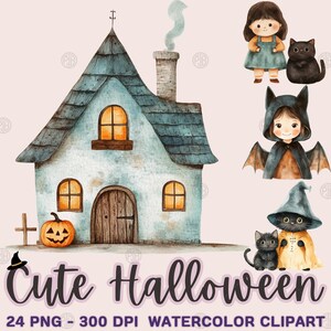 Watercolor Cute Halloween PNG, Pumpkin Clip Art, Monster Clipart, Vampire, Witch, Wizard, Spooky Haunted House, Black Cat Commercial Use