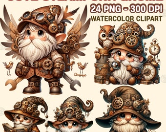 Acuarela lindo Steampunk Gnome PNG, Gnomos Clipart, Clip Art Decor, Pirate Wall Art, Paquete de sublimación, Diario basura, Decoración gráfica