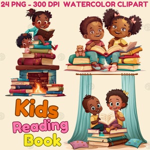 Aquarelle pour enfants lecture livre PNG, livres Clip Art Portrait, peintures clipart pour tout-petits, impressions d&#39;Art mural chambre d&#39;enfant, ensemble d&#39;Illustrations scolaires