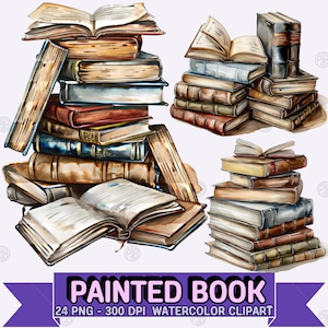 Watercolor Books PNG, Painted Book Clip Art Portrait, Reading Clipart Paintings, Wall Art Prints, Education Illustration Bundle