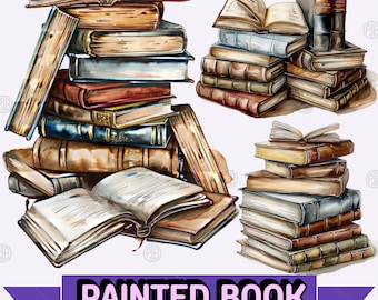 Watercolor Books PNG, Painted Book Clip Art Portrait, Reading Clipart Paintings, Wall Art Prints, Education Illustration Bundle