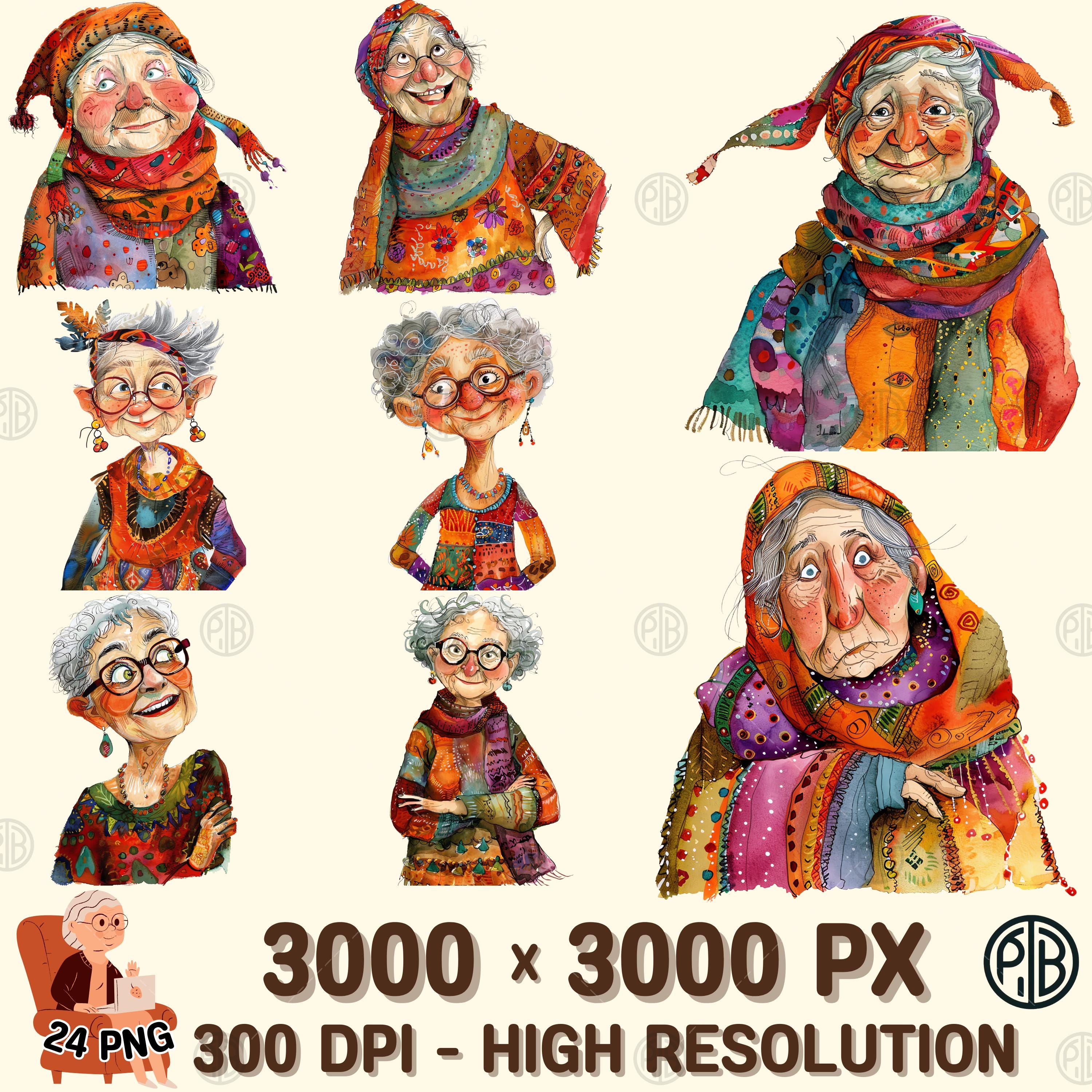 Watercolor Whimsical Old Lady PNG, Cozy Clip Art, Grandma Clipart ...