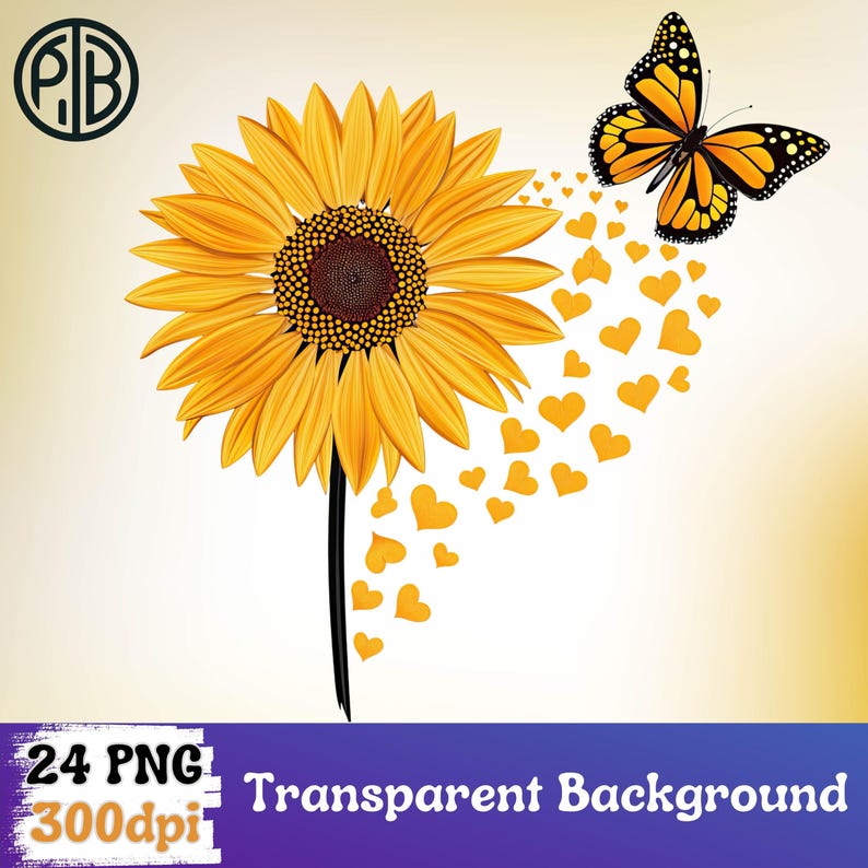 Butterfly Sunflower Heart PNG Frame Clipart Digital Download Floral ...