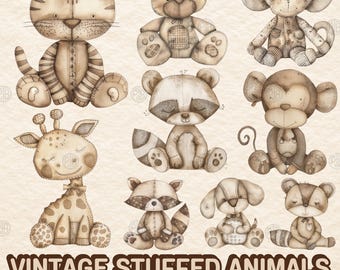 Acuarela Vintage peluches PNG, juguetes retro Clip Art, lindo vivero clipart, impresiones de baby shower, paquete de ilustración, uso comercial