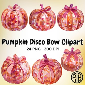Watercolor Pumpkin Disco Bow PNG Clipart Fall Aesthetic Sublimation Coquette Autumn Trendy Digital Art for Halloween Decor DIY Design