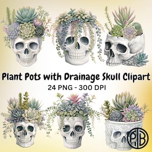May include: A collection of six skull-shaped plant pots, each filled with a variety of succulents in shades of green, purple, and pink. The pots are white with detailed skull features. Text reads "Plant Pots with Drainage Skull Clipart".