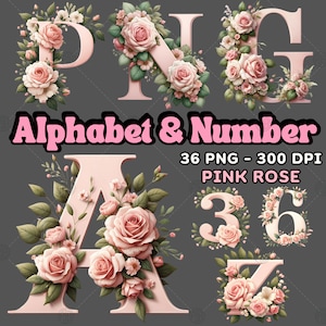 Watercolor Alphabet & Number Soft Pink Rose Clipart, Cute Floral ABC PNG, A to Z Flower Letter Clip Art, Kids Learning, Wedding Letters