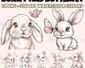 Conejito de acuarela y mariposa PNG, Clip Art de animales de primavera, lindo clipart pastel, impresiones de pared de vivero, paquete de ilustración, uso comercial