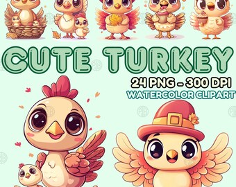May include: A set of 24 digital watercolor clipart images of cute turkeys in various poses. The turkeys are wearing hats, holding food, and some have their wings spread. The images are perfect for Thanksgiving crafts, cards, and decorations.