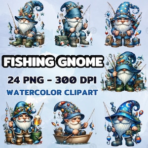 Watercolor Fishing Gnome Clipart, Cute Fisherman Gnomes PNG, Fly Fishing, Sublimation Bass Fishing Bundle, Sublimate Png for Shirt
