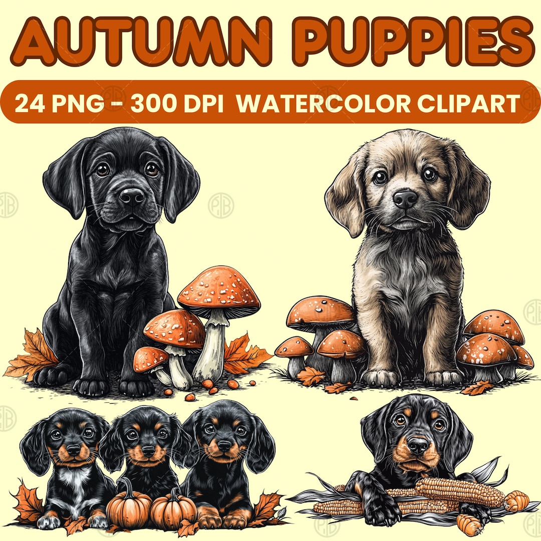 Watercolor Autumn Puppies PNG, Fall Dog Clip Art, Cute Puppy Clipart ...