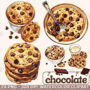 Watercolor Chocolate Chip Cookies PNG, Dessert Clip Art, Baking Cookie Clipart, Bakery Wall Print, Sweet Illustration Bundle, Commercial Use