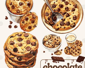 Watercolor Chocolate Chip Cookies PNG, Dessert Clip Art, Baking Cookie Clipart, Bakery Wall Print, Sweet Illustration Bundle, Commercial Use