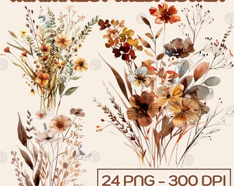 Acuarela minimalista flores silvestres PNG, imágenes prediseñadas de flores, clip art floral boho, arte de pared de pintura botánica, paquete neutro de flores silvestres