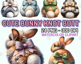 Watercolor Cute Bunny Knot Butt PNG, Ribbon Rabbit Clipart, Spring Clip Art, Easter Wall Art, Funny Bunny Buttom Bundle Set