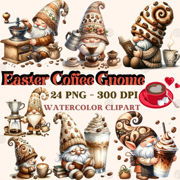 Watercolor Easter Coffee Gnome PNG, Cute Barista Bar Gnomes Clipart, Coffee Beans Lover Clip Art, Latte Gnome Decor, Sublimation for Shirt