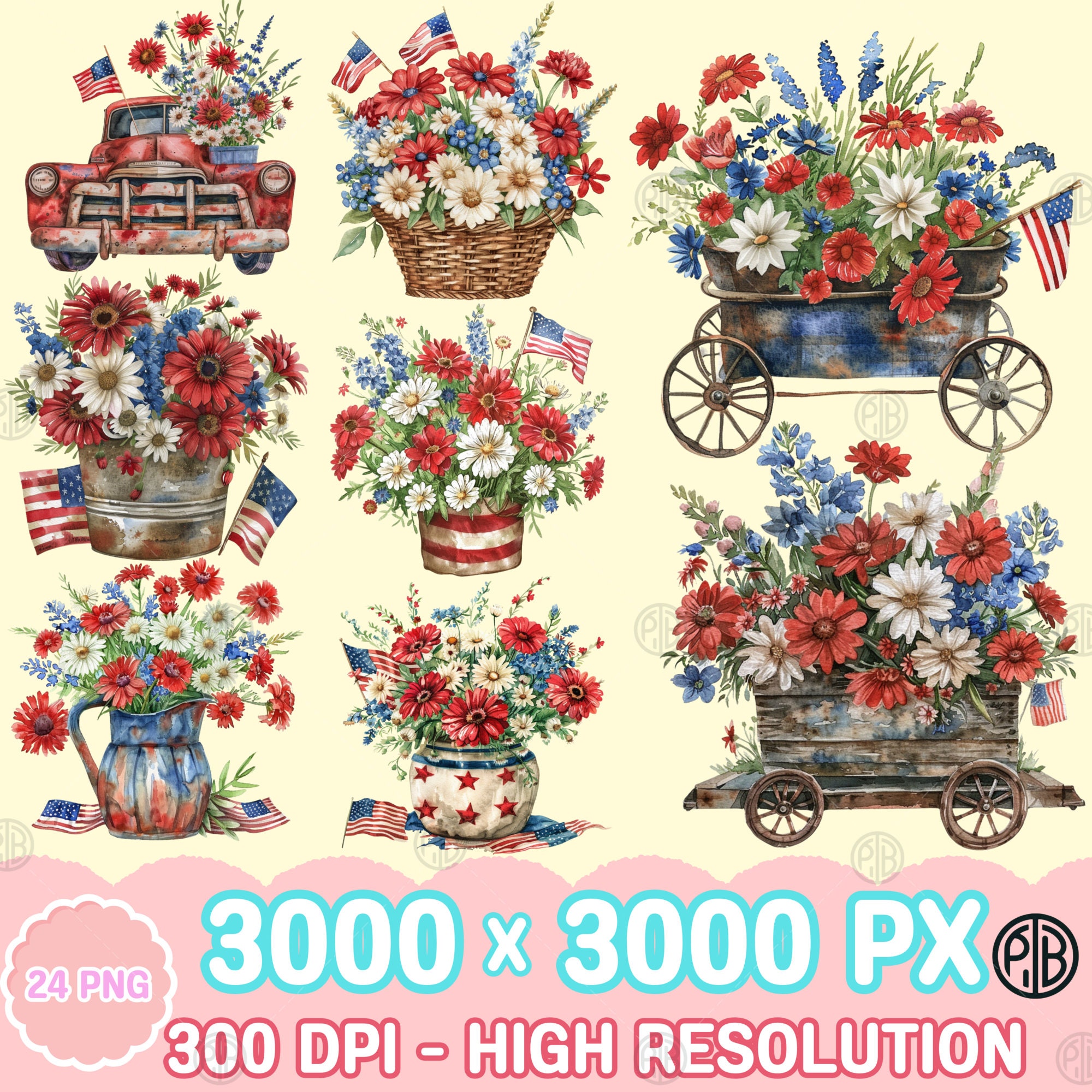 Watercolor Rustic 4th of July Flowers PNG, Patriotic Clip Art, Vintage ...