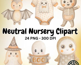 Watercolor Cute Neutral Nursery Clipart Whimsical Friendly Halloween PNG Bundle Baby Ghost Bat Skeleton Art for Sublimation Pastel Spooky
