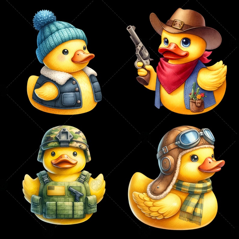 May include: Four rubber duck toys with different outfits and accessories. A blue duck with a blue and white hat and a blue jacket. A yellow duck with a cowboy hat, red bandana, and a gun. A yellow duck with a brown aviator hat and goggles. A yellow duck with a camouflage outfit and a military helmet.