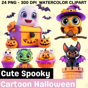 Watercolor Cute Spooky Cartoon Halloween PNG, Pumpkin Clip Art, Kawaii Mummy Clipart, Haunting Zombie, Illustration Bundle, Commercial Use