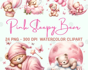 Acuarela rosa oso soñoliento PNG, lindo oso bebé Clip Art, dulce imágenes prediseñadas de dibujos animados, impresión de pared de sueño divertido, paquete de animales del sueño, uso comercial