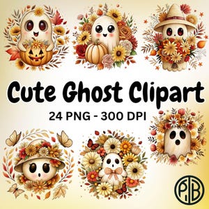 Watercolor Cute Ghostly PNG Cuteness Ghost Clipart Bundle Halloween Fall Autumn Pumpkins Sublimation Ghost Design Set 24 High Quality