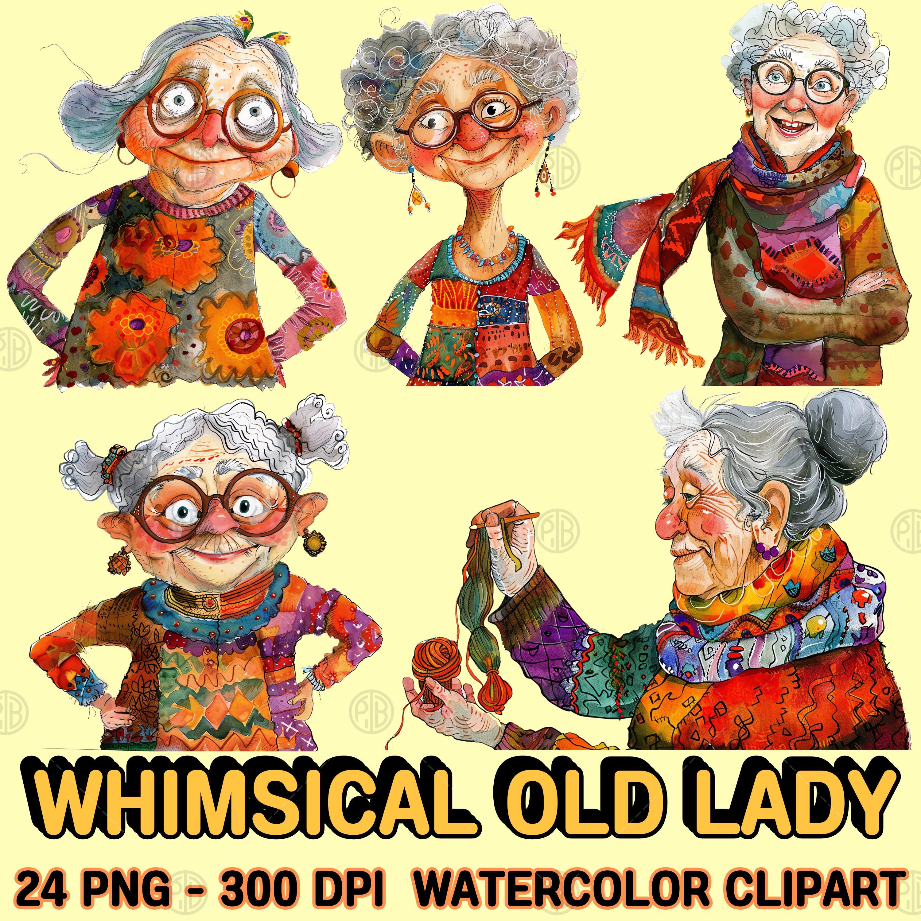 Watercolor Whimsical Old Lady PNG, Cozy Clip Art, Grandma Clipart ...