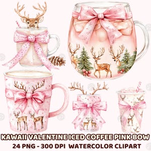 May include: A set of watercolor illustrations of pink and white coffee mugs with reindeer and bows. The mugs are decorated with a pink and white polka dot pattern and a pink bow. The reindeer are in a variety of poses, some are standing, some are sitting, and some are looking up. The mugs are perfect for Valentine's Day or any other special occasion.