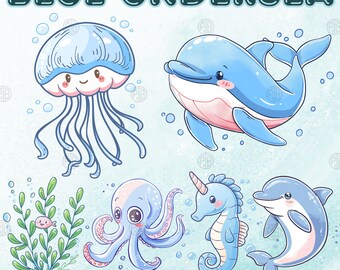 Acuarela azul submarino PNG, clip art oceánico, imágenes prediseñadas de animales marinos, lindas impresiones de pared de vida marina, paquete de ilustración de ballenas, uso comercial