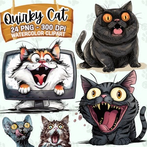 Watercolor Quirky Cartoon Cat Breed PNG, Cute Fluffy Feline Clip Art Portrait, Funny Kitten Paw Clipart, Whimsical Cats, Animal Bundle