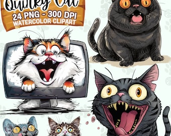 Watercolor Quirky Cartoon Cat Breed PNG, Cute Fluffy Feline Clip Art Portrait, Funny Kitten Paw Clipart, Whimsical Cats, Animal Bundle