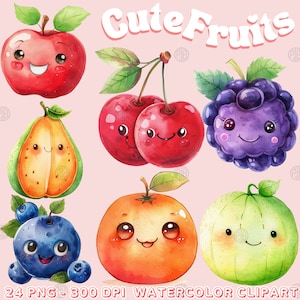 Watercolor Cute Fruits PNG, Kawaii Fruit Clip Art Portrait, Summer Clipart Paintings, Spring Wall Art Prints, Illustration Bundle