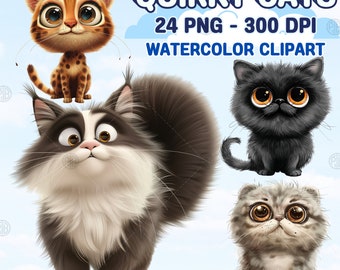 Watercolor Quirky Cats PNG, Whimsical Cat Clip Art, Cute Kitten Clipart, Funny Animal Wall Art Prints, Pet Lover Illustration Bundle