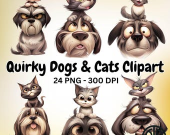 Paquete de imágenes prediseñadas de perros y gatos extravagantes y extravagantes, ilustración de mascotas en acuarela para scrapbooking, creación de tarjetas, descarga digital y manualidades.