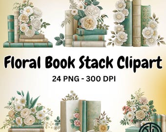 Pila de libros florales PNG Clipart Amante de los libros Descarga digital Ilustración de flores vintage Diseño imprimible para camiseta Pegatina Taza Sublimación
