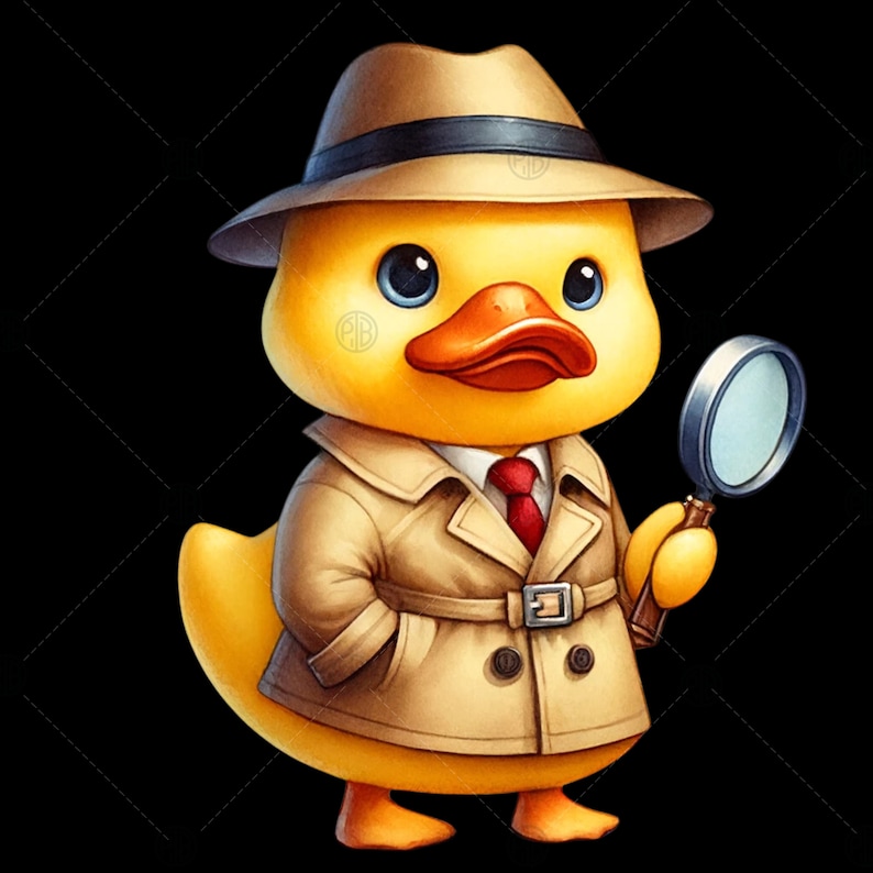 May include: A yellow rubber duck wearing a brown fedora, a tan trench coat, and a red tie, holding a magnifying glass.