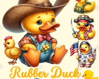Pato de goma de acuarela PNG, imágenes prediseñadas de patos amarillos, imágenes prediseñadas de juguete de baño lindo, impresiones de pared de animales de dibujos animados, paquete de ilustración, uso comercial