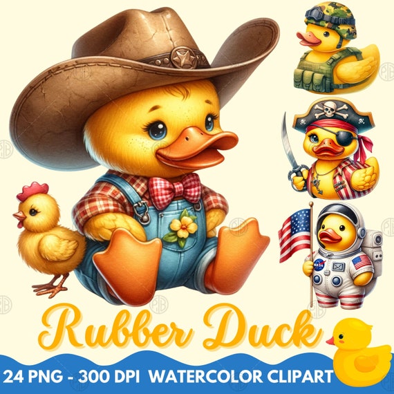 Watercolor Rubber Duck PNG, Yellow Ducks Clip Art, Cute Bath Toy Clipart, Cartoon Animal Wall Prints, Illustration Bundle, Commercial Use