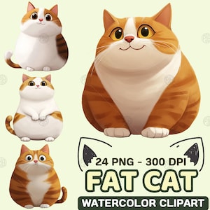 Watercolor Kawaii Fluffy Fat Cat PNG, Cute Cartoon Round Cats Clip Art, Happy Chubby Feline Clipart, Illustration Bundle, Commercial Use