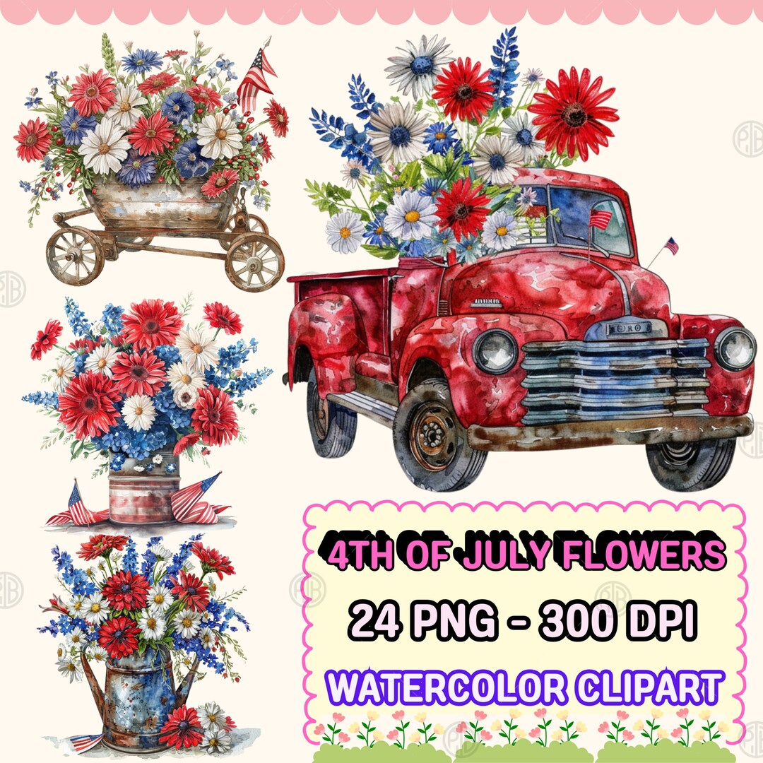 Watercolor Rustic 4th of July Flowers PNG, Patriotic Clip Art, Vintage ...
