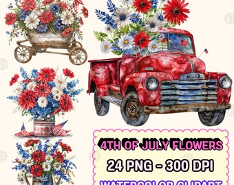 Acuarela rústica 4 de julio flores PNG, clip art patriótico, imágenes prediseñadas florales vintage, impresiones de pared de bandera americana retro, paquete del día del veterano