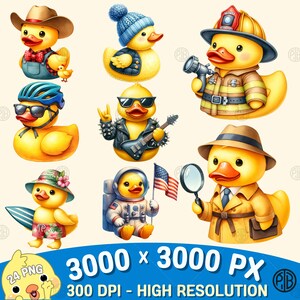 May include: A set of 10 digital illustrations of yellow rubber duckies dressed in different costumes. The duckies are wearing a cowboy hat, a blue beanie, a firefighter uniform, a biker jacket, a detective coat, a Hawaiian shirt, an astronaut suit, a helmet and sunglasses, a flower crown, and a bow tie.