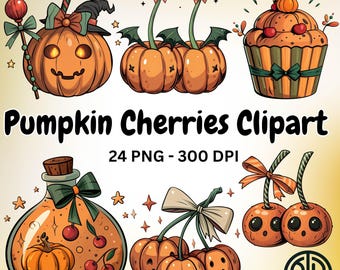 Clipart de calabazas y cerezas en acuarela, lazo de coqueta otoñal, paquete PNG, lindos gráficos otoñales para sublimación, diseño estético de camisetas de Halloween