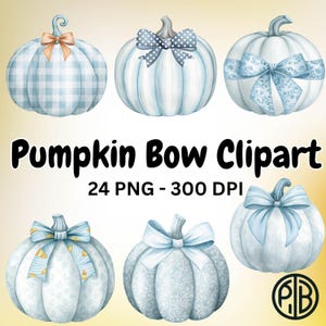 Watercolor Pumpkin Clipart Blue Bow PNG Fall Aesthetic Coquette Gingham Rustic Pumpkins Sublimation Graphic for Autumn Decor Crafts