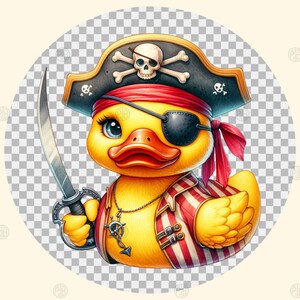 May include: A yellow rubber duck wearing a red and white striped pirate shirt, a black eyepatch, a red bandana, and a black pirate hat with a skull and crossbones. The duck is holding a silver sword.