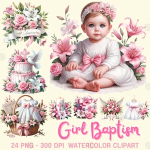 Watercolor Pink Girl Baptism PNG, Christening Clip Art, Baby Girl Clipart, Kids Party Wall Prints, Illustration Bundle, Commercial Use