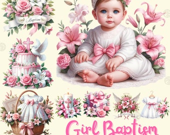Acuarela rosa niña bautismo PNG, clip art de bautizo, imágenes prediseñadas de niña, impresiones de pared de fiesta para niños, paquete de ilustración, uso comercial