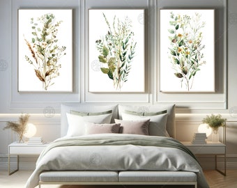 Conjunto de acuarela de 3 PNG florales de flores silvestres, impresiones de imágenes prediseñadas de Boho Meadow, imágenes prediseñadas de flores silvestres, arte de pared botánico, paquete de naturaleza minimalista