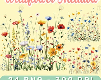 Acuarela prado de flores silvestres PNG, imágenes prediseñadas florales boho, clip art de flores, flores silvestres pintando arte de pared, paquete de naturaleza botánica