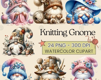 Imágenes Prediseñadas de gnomo de punto de acuarela, lindos gnomos de ganchillo PNG, decoración de imágenes prediseñadas, paquete de sublimación, sublimado de maestro de costura